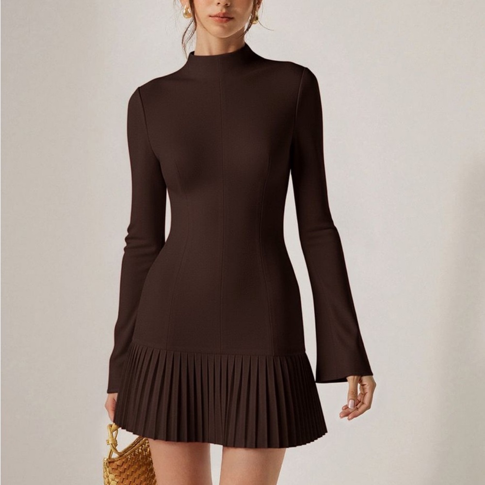 Brown Long-Sleeve Pleated Hem Mini Dress NWT
